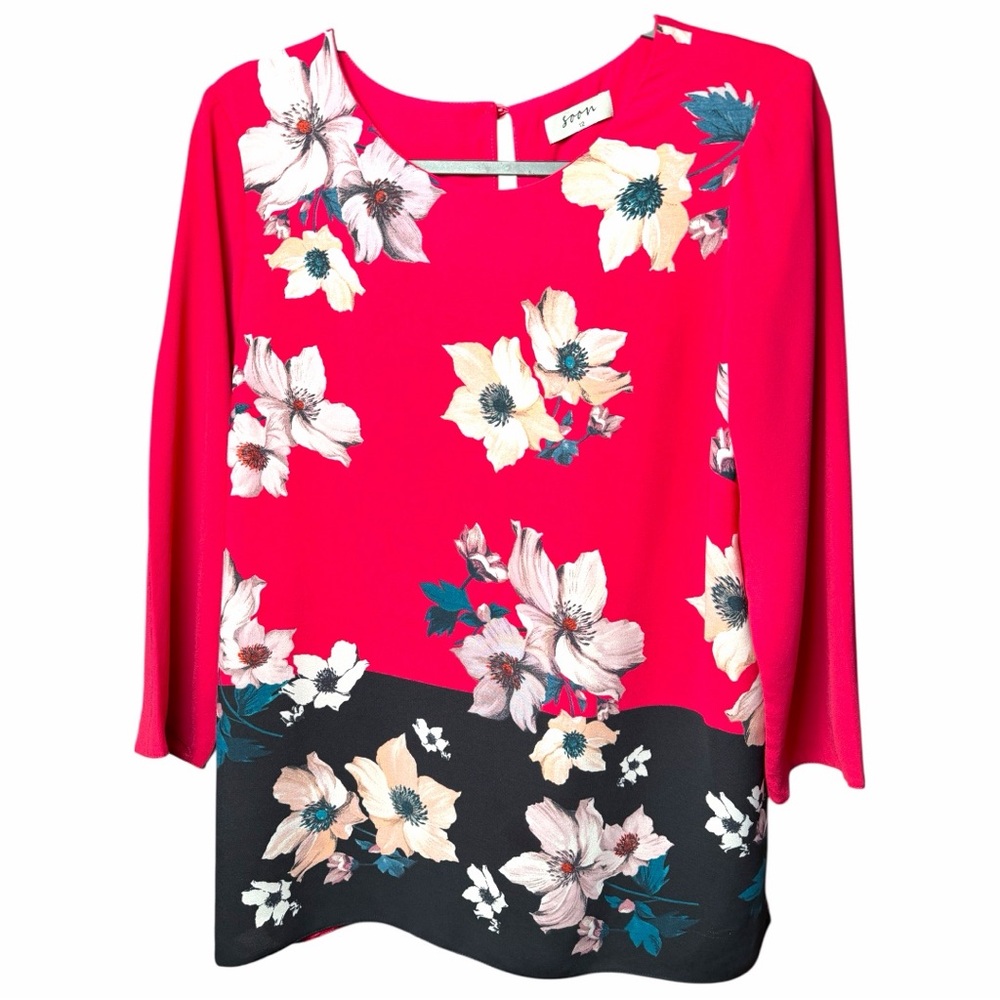 Soon Floral Colorblock Blouse Hot Pink & Black White Flower Print 3/4 Sleeve 12